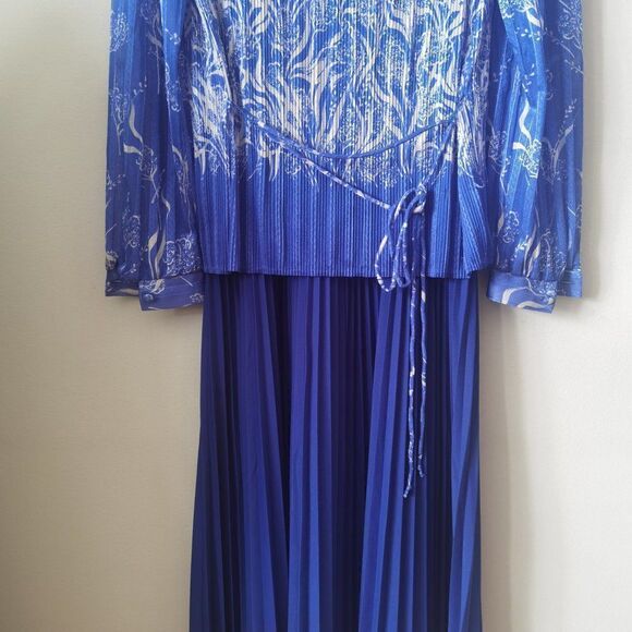 Blue & White Pleated Vintage long Sleeve Midi 70s Polyester - Picture 6 of 6